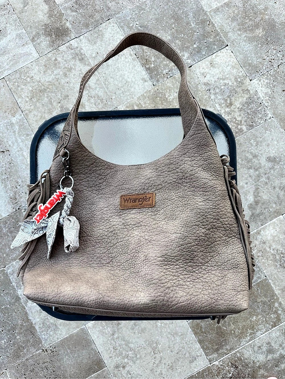 Wrangler Tooled Trim Fringe Hobo Bag Brown